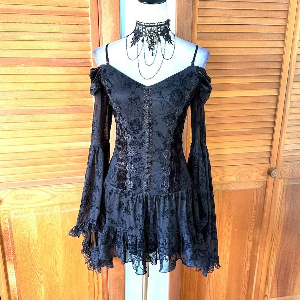 Dark In Love Gothic Victorian Dark Fairycore Black Rose Fairy Lace Mini Dress